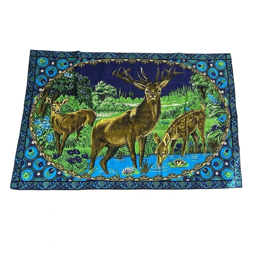Vtg Tapestry Elk Deer MCM Blue Floral Velvet Wall Hanging 55x39‎ Mancave Lodge